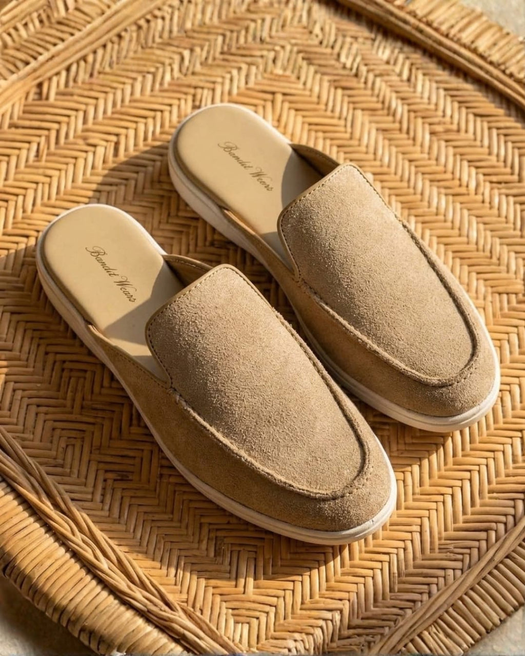 The Nomad Suede Mule in Sand (rubber sole)