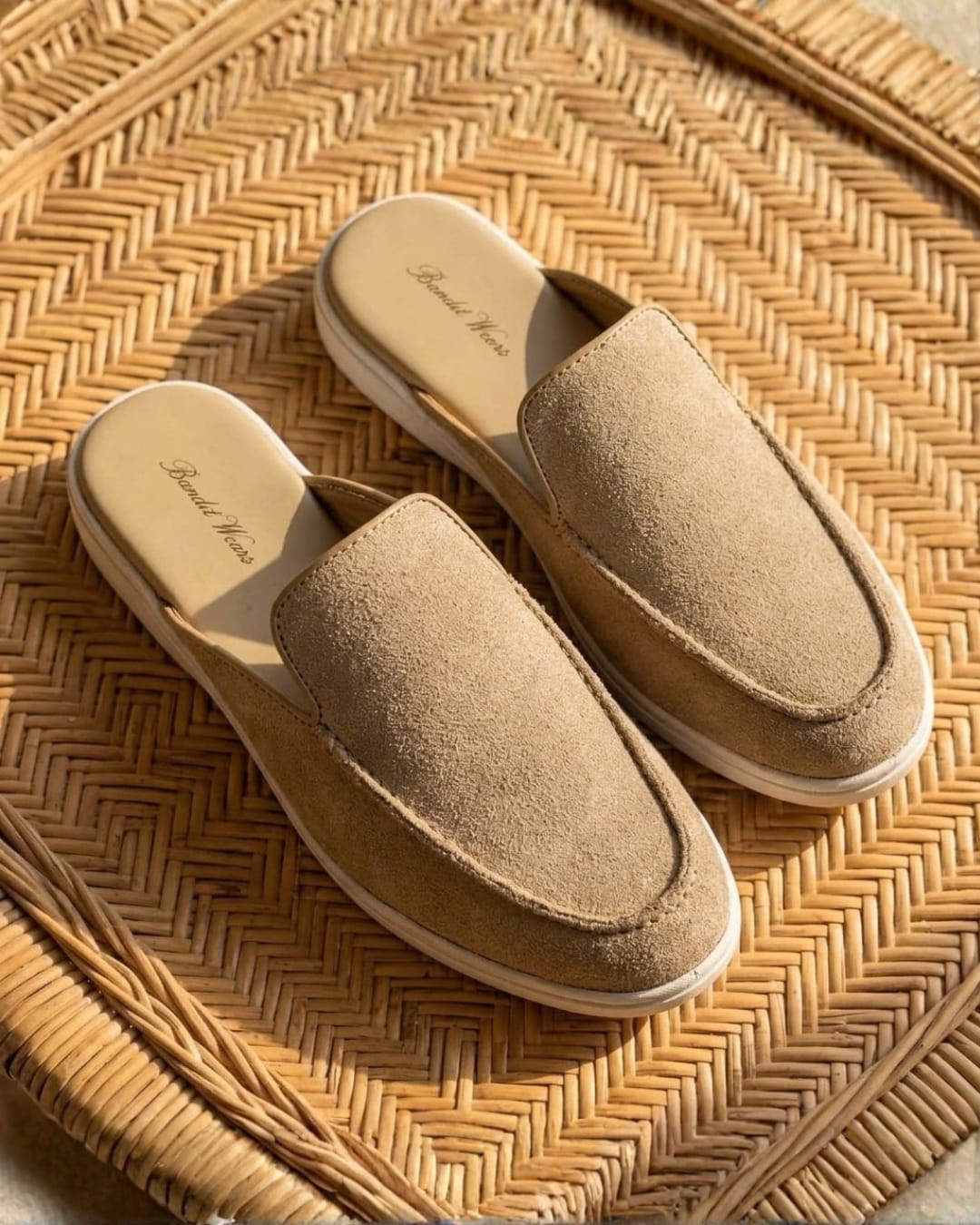 The Nomad Suede Mule in Sand (rubber sole)