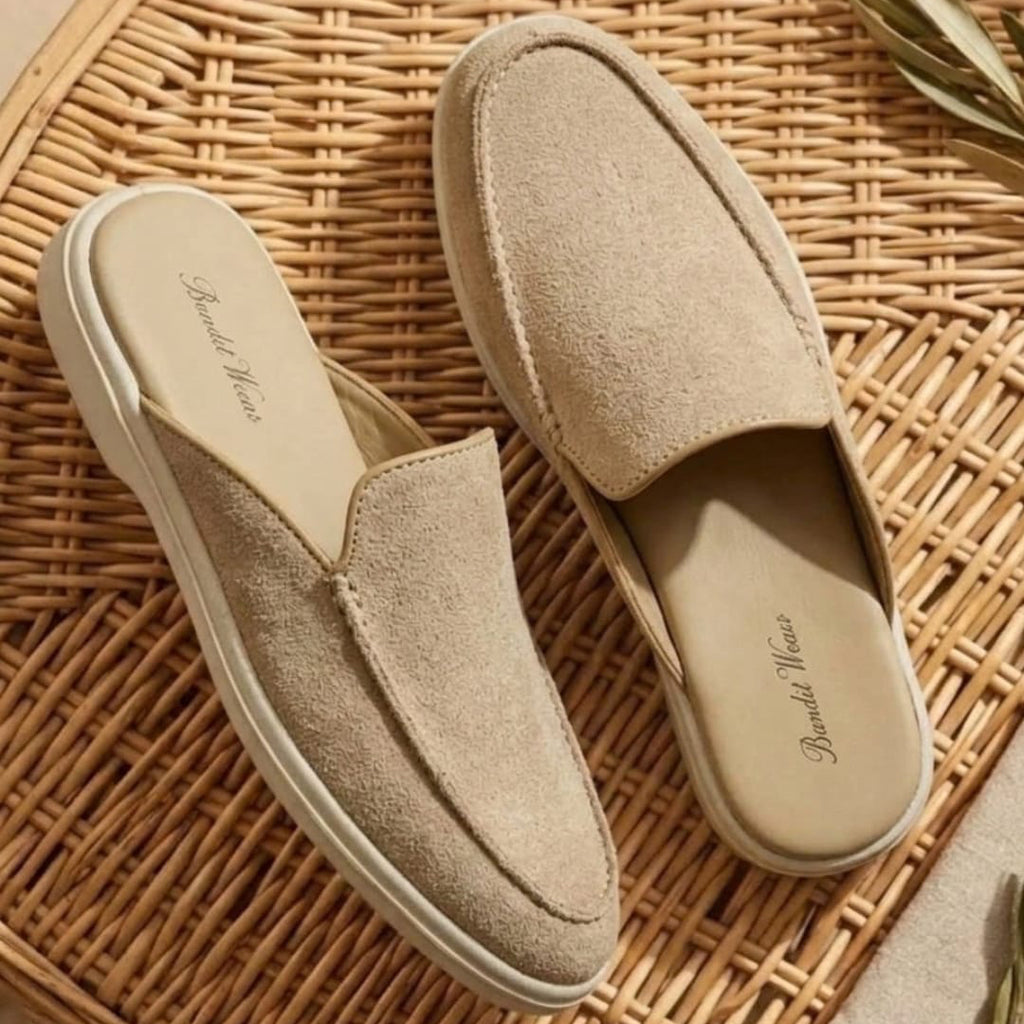The Nomad Suede Mule in Sand (rubber sole)