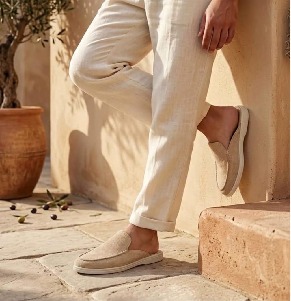The Nomad Suede Mule in Sand (rubber sole)