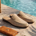 The Nomad Suede Mule in Sand (Wooden sole)