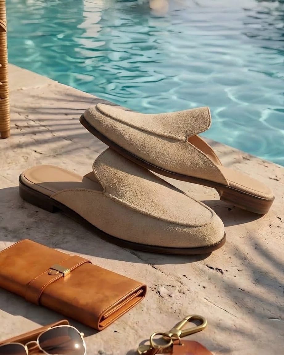 The Nomad Suede Mule in Sand (Wooden sole)