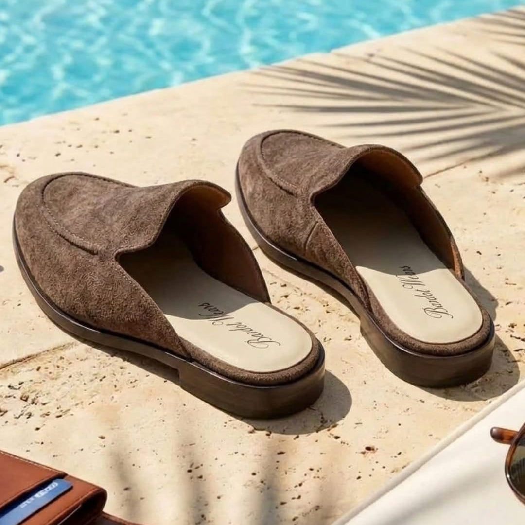 The Nomad Suede Mule in Dark Charcoal (Wooden sole)